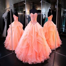2023 Coral Ball Gowns Quinceanera Dress Sweetheart Masquerade Crystal Beaded Corset Organza Ruffles Long Prom Gown Sweet 16 Dress2698
