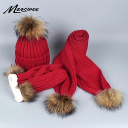 Knitted Scarf Hat Gloves Set Winter Warm Crochet and Scarves With Real Fur Pom Beanie for Woman220p