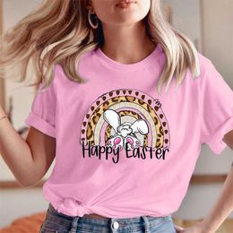 Happy Easter leopard rainbow Happy Easter printed short sleeve T-shirt for men and women loose in summer