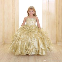 2020 Sparkling Girls Pageant Dresses Gold Princess Spaghetti Strap Crystal Beads Ruffles Organza Ball Gown Flower Girls Dresses Wi294y