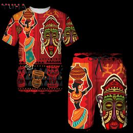 Men's Tracksuits YUHA est African Print Women'sMen's T-shirts Sets Africa Dashiki Mens TracksuitVintage Tops Sport And Leisure Summer Male 230720