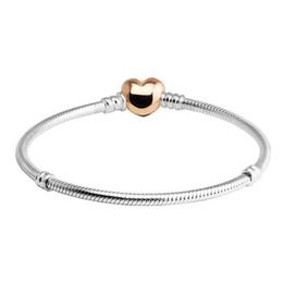 Fits Pandora Beads Rose Golden Heart Clasp Snake Chain Silver Bracelets for Women and Men Jewellery DIY Original Silver 925 Charms B204y