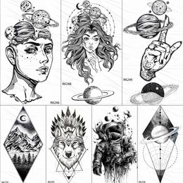 OMMGO Outspace Women Planet Brain Temporary Tattoo Sticker Waterproof Black Geometric Mountain Tatoos Body Art Fake Tattoo Paper