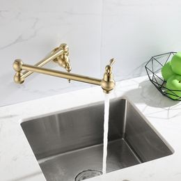 Pot Filler Tap Wall Mounted Foldable Brushed Gold Kitchen Faucet Single Cold Sink Tap Rotate Folding Spout Chrome Brass