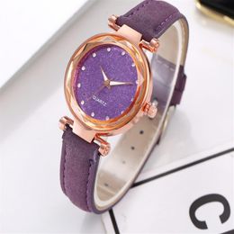 Casual Star Starry Sky Watch Sanded Leather Strap Silver Diamond Dial Quartz Womens Watches Gentle Temperament Ladies Wristwatches241f
