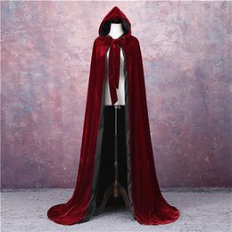 Wine Red Black Velvet Hooded Cloak Wedding Cape Halloween Wicca Robe Coat S-6XL Christmas Mediaeval Velvet Hooded Cloak Wicca Witch237J
