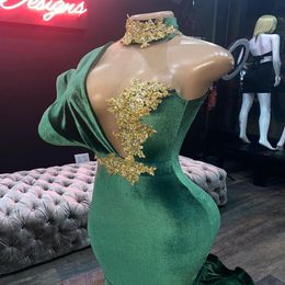 Elegant Green Velvet Mermaid Prom Dresses robes de soiree High Neck Lace Appliqued Beaded Evening Gowns Sweep Train Party Dress3177