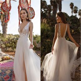 2020 Asaf Dadush Boho Wedding Dresses High Split Lace Applique Beads A Line Bohemian Wedding Dress Deep V Neck Backless Robes De M296n