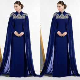 Arabic Dark Blue Dubai Evening Dresses With Cape Beaded High neck Fitted Mermaid Long Prom Dress Long Sleeve Kaftan Morocco Mom Dr277U