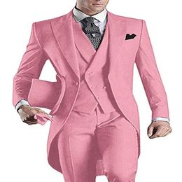 3 Piece Pink Men Tailcoat Suits Groom Tuxedos Peak Lapel Men Suit for Wedding Prom Party Dinner Blazer Waistcoat Jacket Pants Ves236C