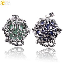CSJA Vintage Silver Openable Locket Charm Necklace Pendants Owl Bird Cage Round Natural Stone Bead Ball Jewelry for Men Women Gift237a