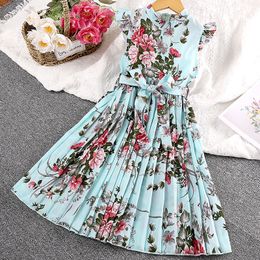 2023 New Summer Girls Dress Full Print Flower Pattern Bow Casual Party Dresses For Kids 4-12 Years Children Birthday Present