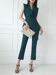 Women's Two Piece Pants Summer 2 Pieces Outfits Suits Women Professional Formal Solid Sleeveless Belt Tops Coat Blazer Suit Long Trousers