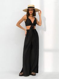 Women's Two Piece Pants Black Casual Pant Suit 2023 Summer Lace-up Backless Tank Tops With Hollow Out Wide Leg Outfits Women Beach Vacation