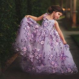 Lavender Lace Little Girls Pageant Dresses 3D Appliques Toddler Ball Gown Flower Girl Dress Floor Length Tulle First Communion Gow204R