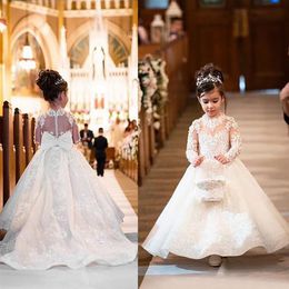 New Princess Flower Girl Dresses For Weddings Illusion Lace Appliques Tulle Long Sleeves Child Birthday Communion Girls Pageant Dr247l