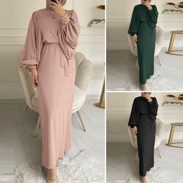 Ethnic Clothing Autumn Puff Sleeve Muslim Dress Women Abaya Kaftans Casual Evening Dresses Woman Dubai Islam Long Robe Islamic Clothing 230721