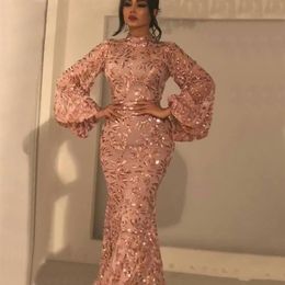 Shiny Rose Gold Lace Mermaid Prom Dresses High Neck Long Sleeves Appliques Evening Gowns Floor Length Mother of Bride Dress278N