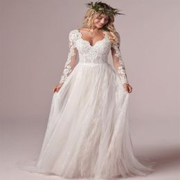 Bohemian Long Sleeve Wedding Dresses V Neck Tulle Lace Boho Bridal Dresses Beach Summer Plus Wedding Gowns Low Back Vestido De Nov206f