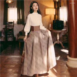 Work Dresses Woman Knitted Sweater Skirt Suit Female Turtleneck Fashion Long Sleeve Tops And Midi Plaid Ladies Two Piece Set G267