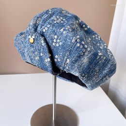 Berets Sequin Beret Octagonal Hats For Women Vintage Classic Sboy Caps Lady Hat Flat Brim Cap Female Spring Painter