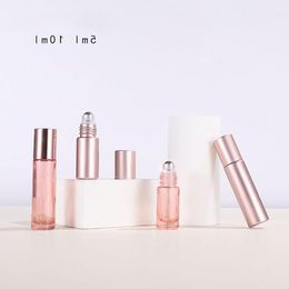 Mini Essential Oil Glass Bottles 5ml 10ml Pink Roll On Bottle with Stainless Steel Roller Ball For Travel Hcjnd