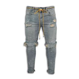 Jeans skinny con cerniera alla caviglia alla moda Jeans da uomo elasticizzati Punto di vernice strappato distrutto Design334m