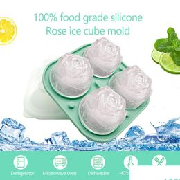 Baking Moulds Rose Sile Ice Tray Mods Flower Shape Food-Grade Anti-Leakage 4 Grids Reusable Ices Cube Mould For Bar Drop Delivery Hom Dhkat