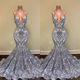 2022 Gorgeous Silver Mermaid Prom Dresses Spaghetti Straps V-neck Appliques Lace Backless Evening Gowns BC13118 B0417Q1770