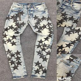 FALECTION MENS 21SS AMIMIKE JEANS DISTRESSED LEATHER STARS PATCH RIPPED DENIM jeans2008