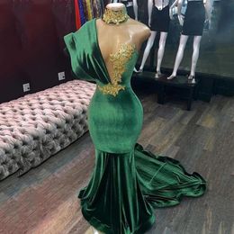 Green Mermaid Velour Evening Dresse Lace Appliques Robe de soiree Abaya Prom Dresses One Shoulder Dubai Saudi Arabic Party Gowns287g