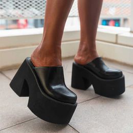 Slippers New Fashion Black Platform Wedge Round Head Pumps Black Slippers High Heel Shoes Woman Sexy Platform Chunky Heel Toe Slippers J230721