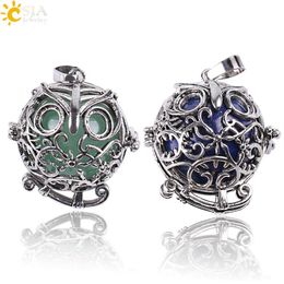 CSJA Vintage Silver Openable Locket Charm Necklace Pendants Owl Bird Cage Round Natural Stone Bead Ball Jewellery for Men Women Gift263C