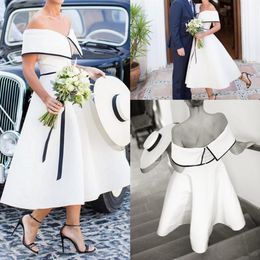 Black and White Wedding Dress vintage retro Tea Length Off the Shoulder Simple Satin A-Line Short country Bridal Gowns263S