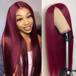 Glueless Long Straight 99J 13x4 Lace front human hair Wig Pre Plucked With Baby Hair Red Color Brazilian Remy Hair251b