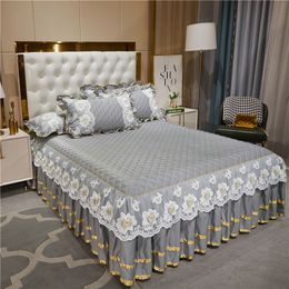 Bed Skirt Grey Quilted Lace Flowers Bed Sheet Set Home Mattress Cover Bedspread Cotton Warm Thick Bedding Bed Skirt Pillowcases Queen King 230720