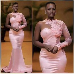 African Nigerian Black Girls Pink Mermaid Evening Dresses One Shoulder Long Sleeve Prom Dress Formal Dress Evening Gowns Abendklei2393