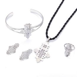 Bright Silver Color Ethiopian Cross Pendant Necklaces Bangle and Earrings for Women African Religious Jewelry Set275G