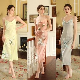 Women's Sleepwear Print Magnolia Nightgown Sexy Women Swing Collar Spaghetti Sling Long Chemise Satin Nightwear Intimate Lingerie