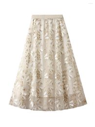 Skirts Women Butterfly Embroidery Midi Elastic High Waist Double Layer Mesh Casual Spring Summer Big Swing A-line