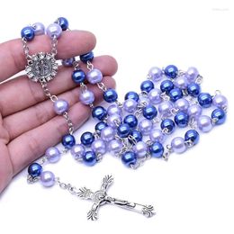 Pendant Necklaces Religious Multicolor Imitation Pearls Rosary Beads Necklace Jesus Christ For Women Catholic Prayer Jewelry