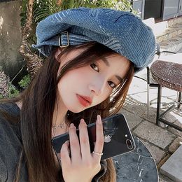 Berets Cowboy Blue Hat Female Summer Thin Big Head Round Beret Sweet Cool Niche British Retro Painter Spring And Autumn Octagon