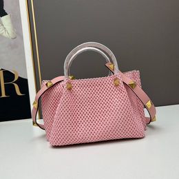 Women Bags Fashion Woven Handbag Large Capacity Rivet Handbags Natural Lafite Grass Crossbags Geninue Leather Handle Shoulderbags Cool Style Lady Totes