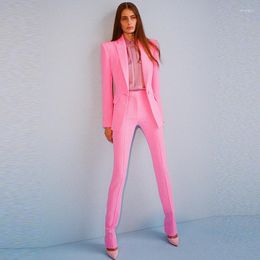 Women's Two Piece Pants Blazer Pantsuits Pink Office Trousers Suit Set Women Business Wear Single Buttons Pencil Formal