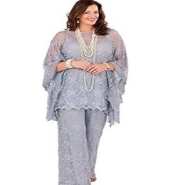 Lace Mother of the Bride Pant Suits 2017 Long Sleeves Three Pieces Silver Gray Formal Women Plus Size Groom Mother Dresses for Wed2105