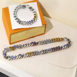 New Style Men Aged Silver gold-colour Hardware Engraved V Initials Enamelled Crystal Chain Links Patches Necklace Bracelet Sets MP240J