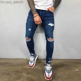 Men's Pants Men's jeans knee holes tear stretch tight Denim pants solid Colour black blue fall summer hip-hop style ultra-thin fitting Trousers S-4XL Z230721