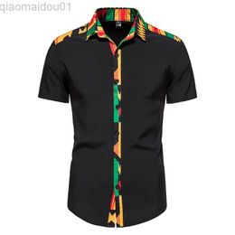 Men's Casual Shirts African Kente Print Shirt Short Sleeves Summer Men's 2023 Fashion Patchwork Button Turn Traditional Dashiki Casual Work Tops L230721