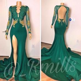 New Sexy Backless Prom Dresses Mermaid Long Sleeves Hunter Green Gold Lace Beaded Deep V Neck Special Occasion Evening Gowns1777
