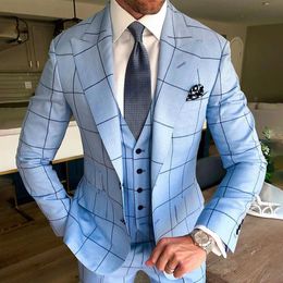 Three-Pieces Men Suits Business Casual tuxedos Blue Plaid Slim Fit Groom Party Coat Tailored Performance Work Wear Wedding Suit2964